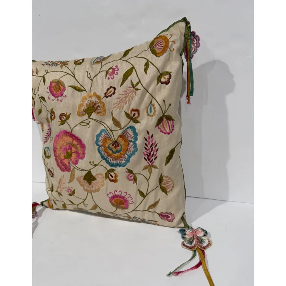 Pier 1 Floral Embroidered Floral Throw Pillow Square Pink Green Applique Tassel